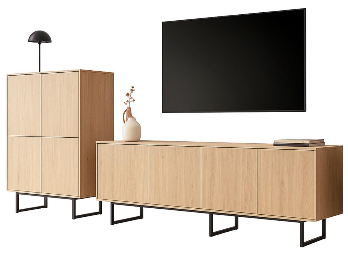 WOHNWAND in Eiche Dekor, Wohnzimmer Set mit TV Lowboard 200 cm und Highboard 4-türig, Push-To-Open - Eichefarben/Schwarz, Holzwerkstoff/Metall (330/137/40cm) - Furn.Design
