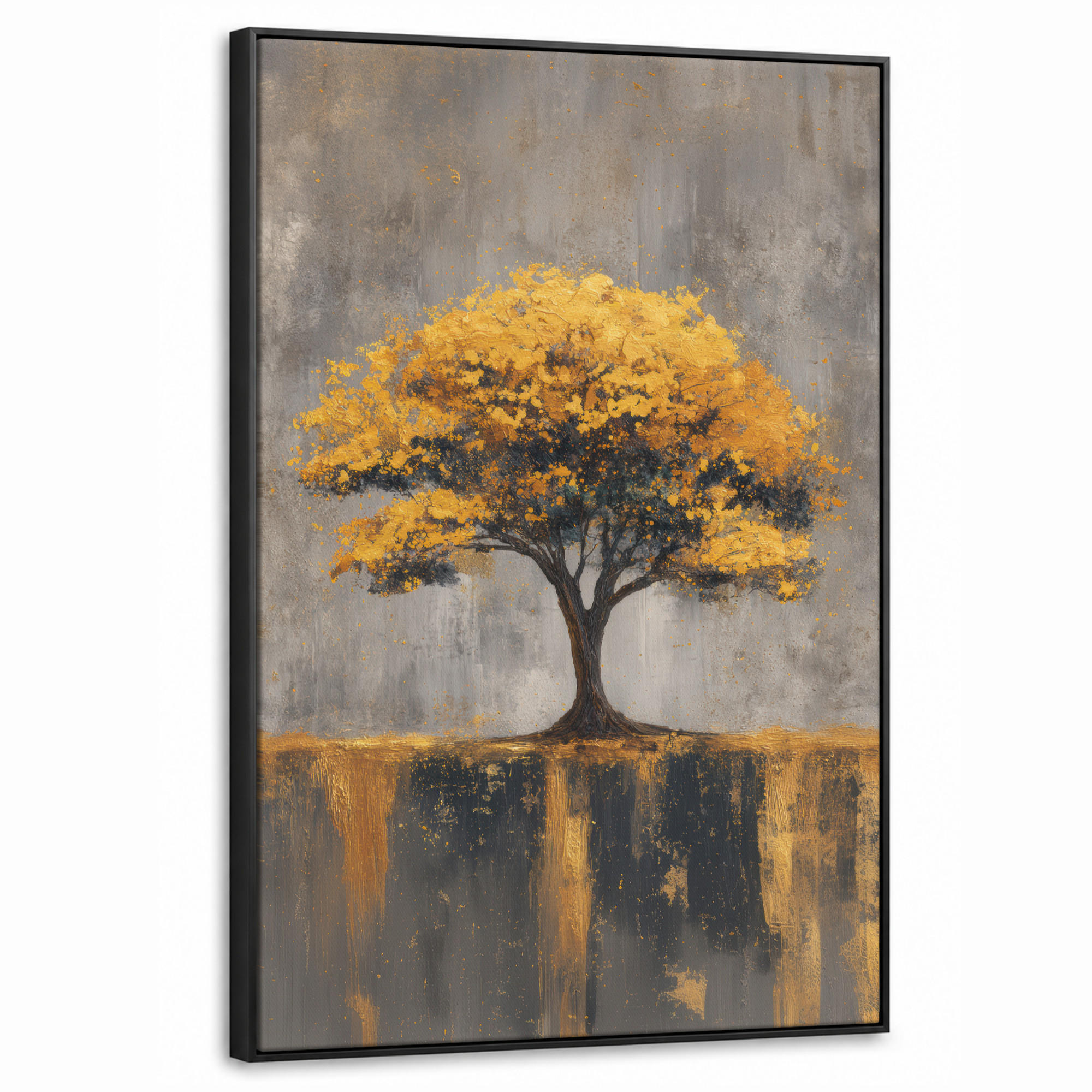 LEINWAND Bilder mit Rahmen - Baum - Blätter - Gold - Abstrakt - 60x90 - Grau, Textil (60/90cm) - MuchoWow