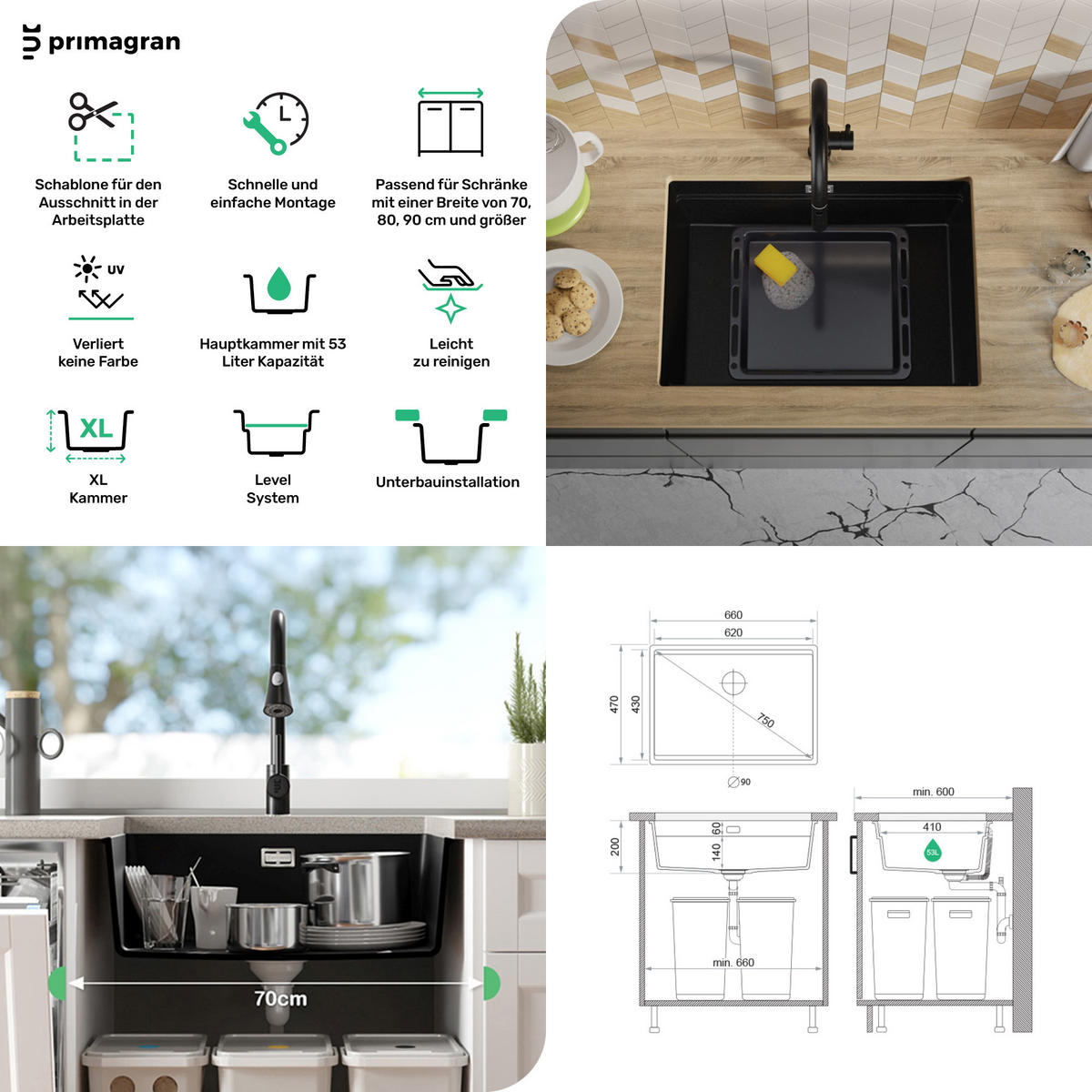 UNTERBAUSPÜLE GRANIT Praga, 2-er set Weiß 66/47 cm 1 Becken + Küchenarmatur 38/14 cm + Ablauf-Set + Aufrollbare Abtropffläche ab 70er Unterschrank - Chromfarben/Weiß, Kunststoff (66/20/47cm) - Primagran