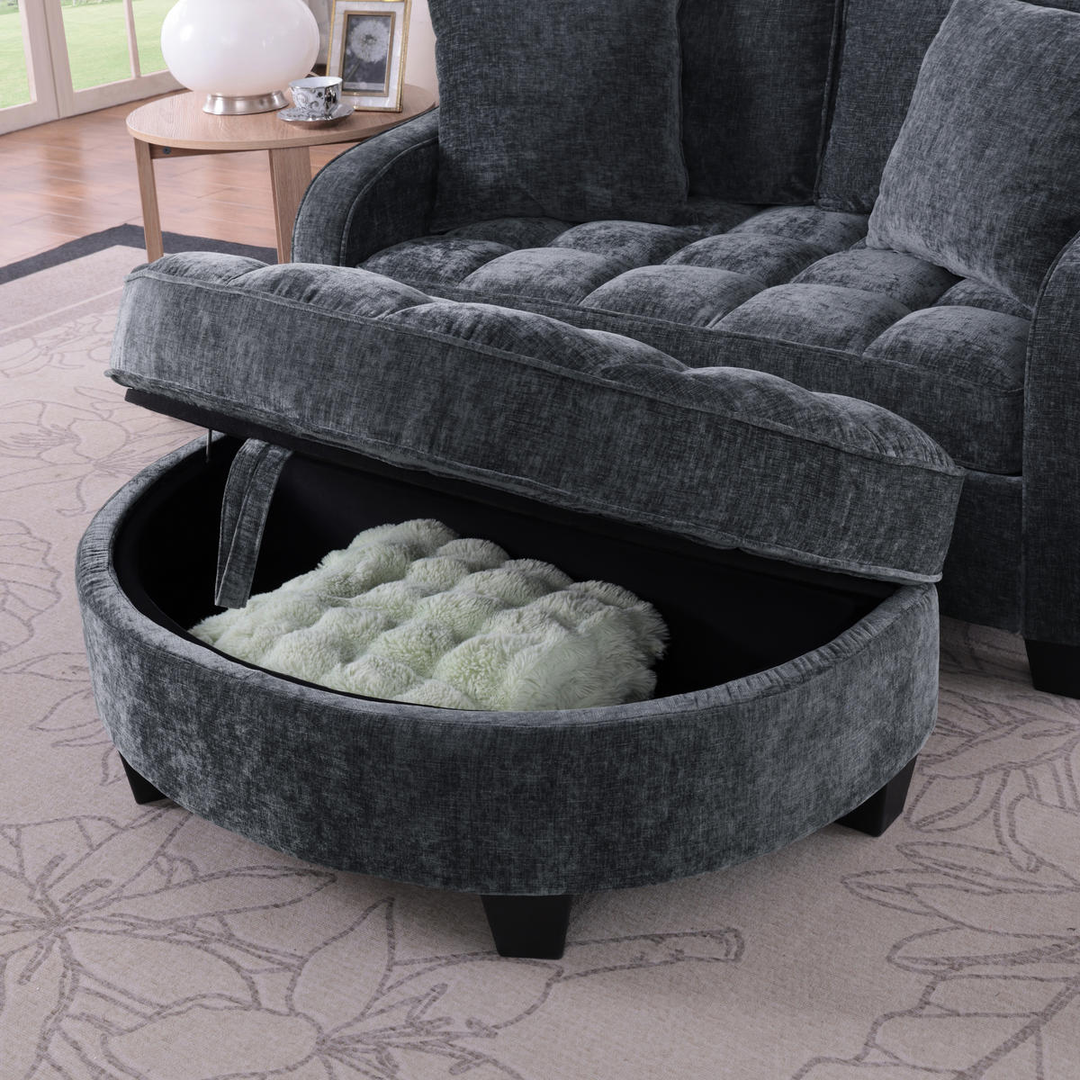 SOFA Chenille Schwarz mit Hocker und Stauraum - Schwarz, Holzwerkstoff/Kunststoff (132/93/129cm) - WISHDOR