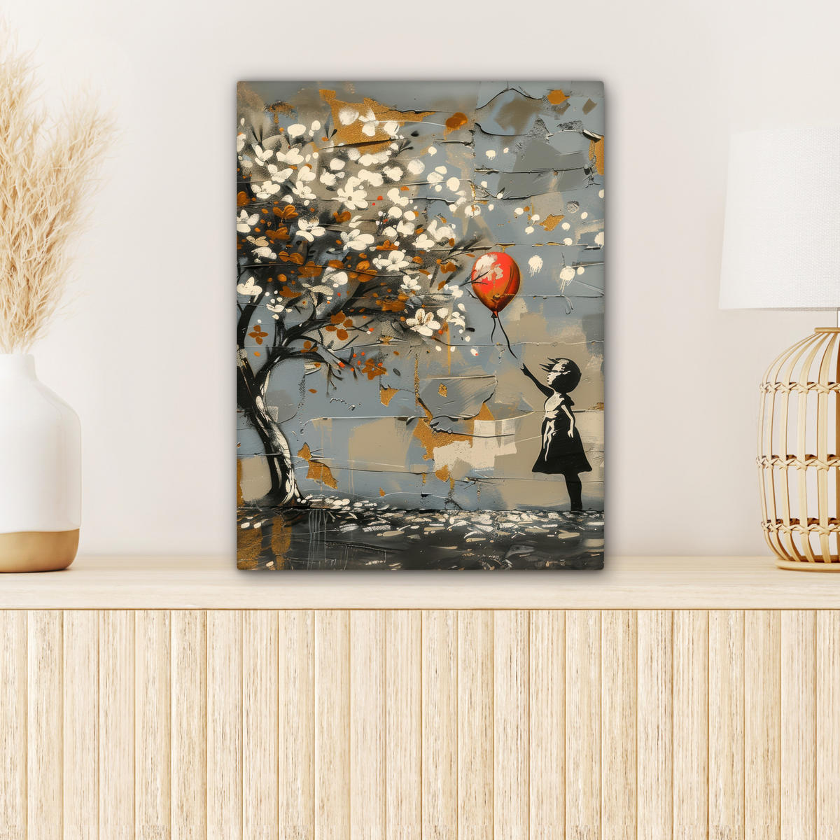 LEINWANDBILD Baum - Graffiti - Banksy-Stil - Ballon-Mädchen Room Decor 30x40 cm - Blaugrau, Textil (30/40cm) - MuchoWow