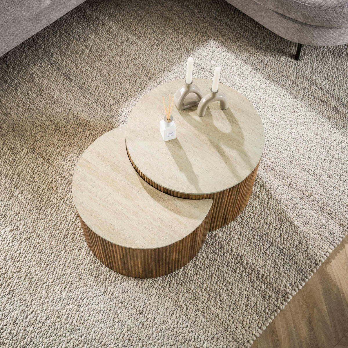 COUCHTISCH-SET ELARA 2-teilige Satztische mit Travertin-Keramik - Sandfarben, Keramik (60/60/40cm) - alesvelt