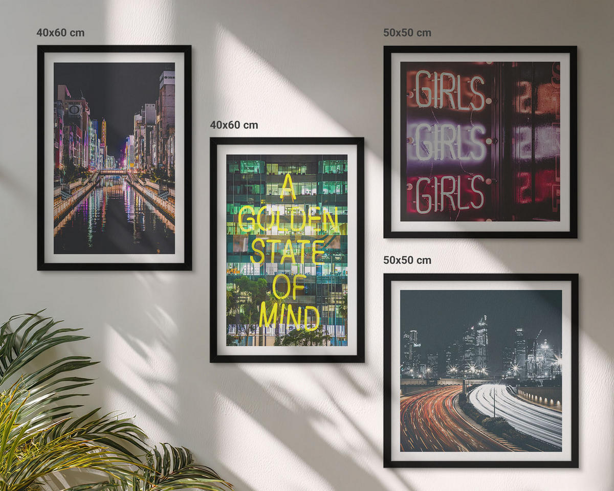 WANDBILDER 4er-Set - 50x50 cm & 40x60 cm Schwarzer Rahmen - Neonreklamen in der Stadt bei Nacht - Schwarz, Kunststoff (50/50cm) - ArtPrintCave