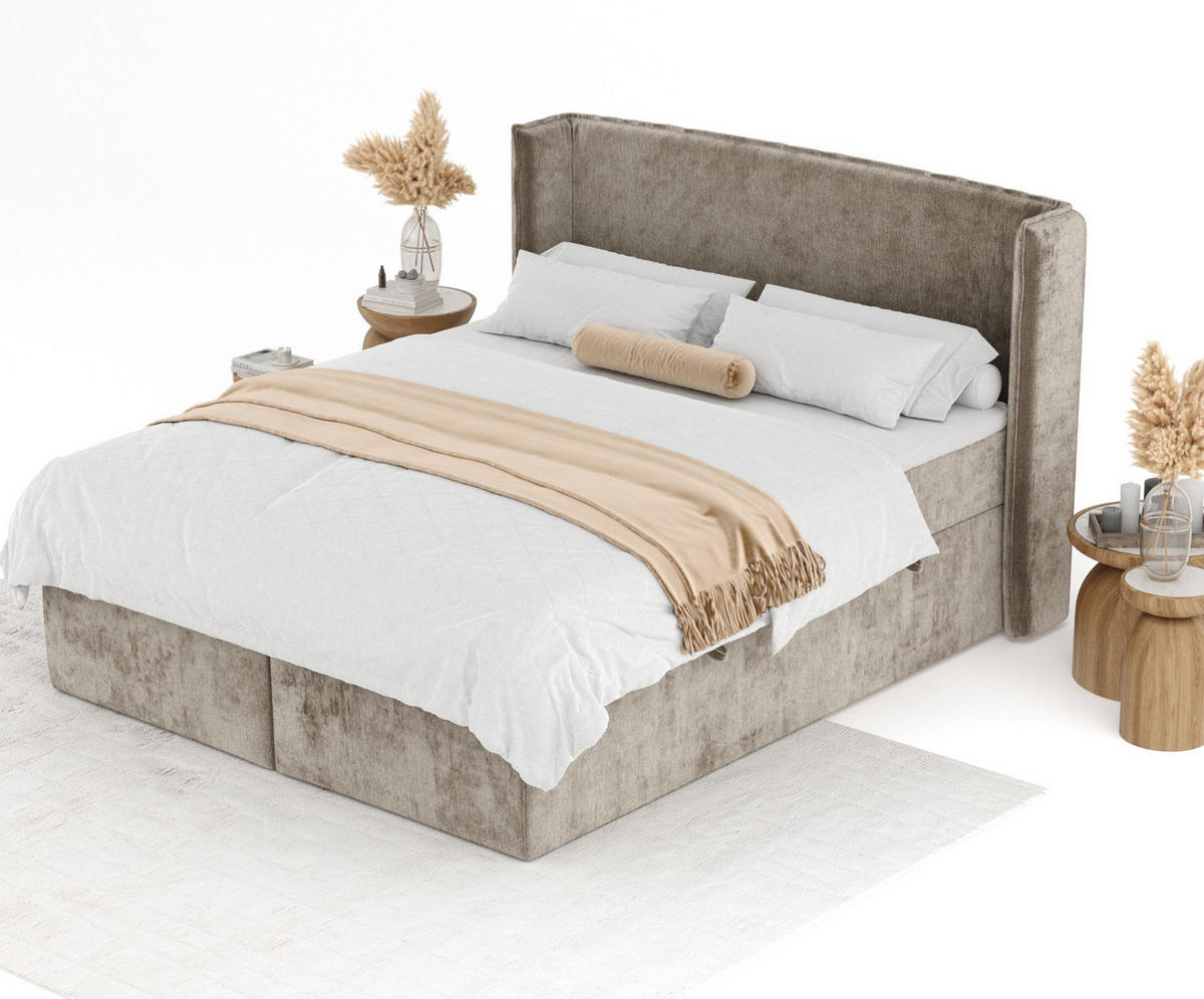 BOXBETT Skyline Beige 180/200 cm mit Matratze und Topper - Beige/Schwarz, Holz/Holzwerkstoff (180/200cm) - Maison de Reve