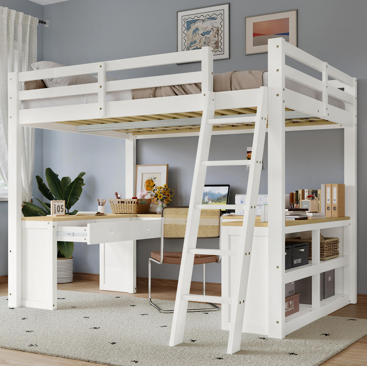 HOCHBETT 140/200 cm in Weiß/Natur – mit U-Schreibtisch, Stauraum und Schrägleiter - Weiß, Holzwerkstoff (140/200cm) - BEAOK