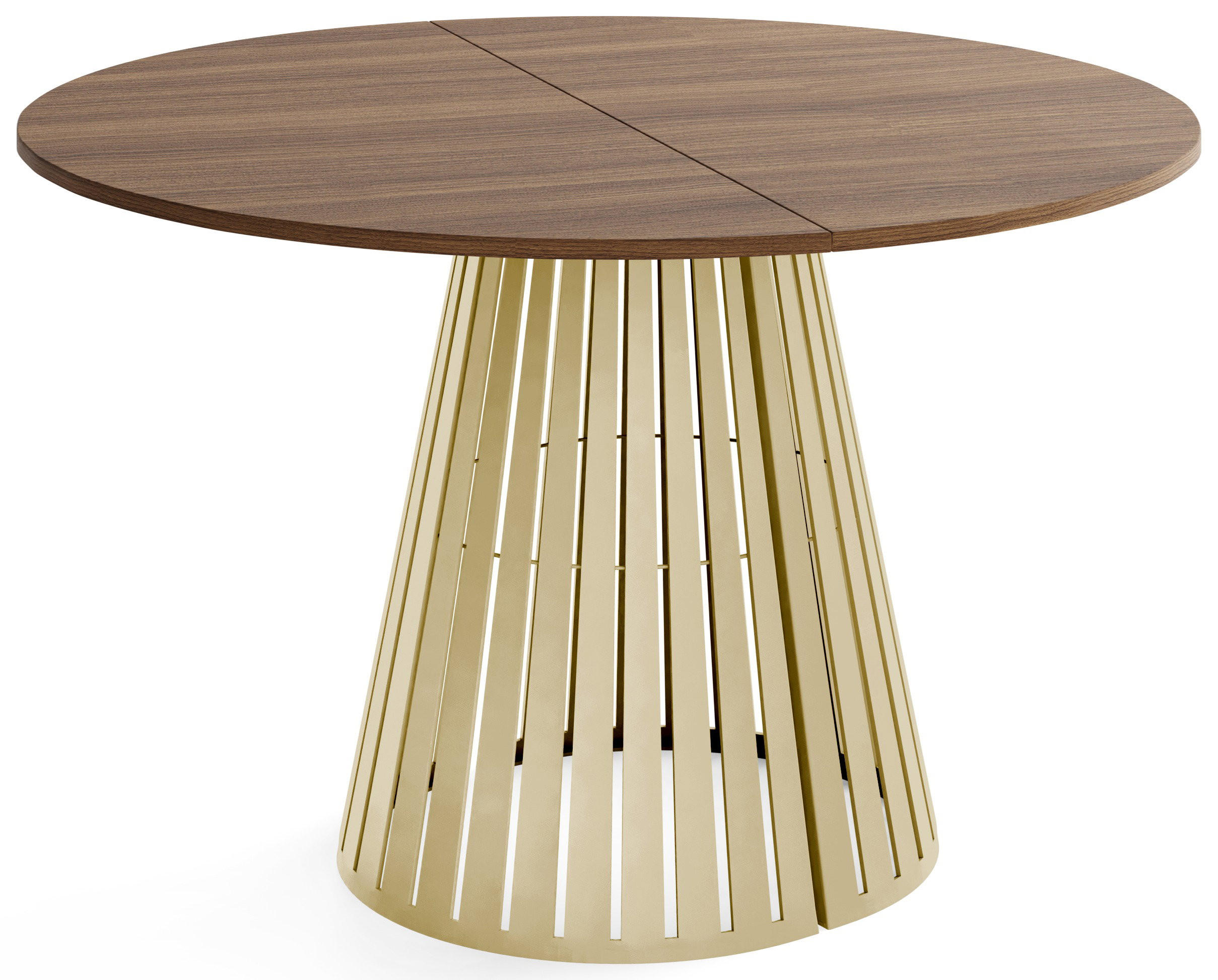 ESSTISCH Naro rund ausziehbar mit Goldenem Lamellen-Metallgestell, Walnuss Braun 100-180/100/76 cm - Goldfarben/Walnussfarben, Holzwerkstoff/Metall (100/176/76cm) - WFL GROUP