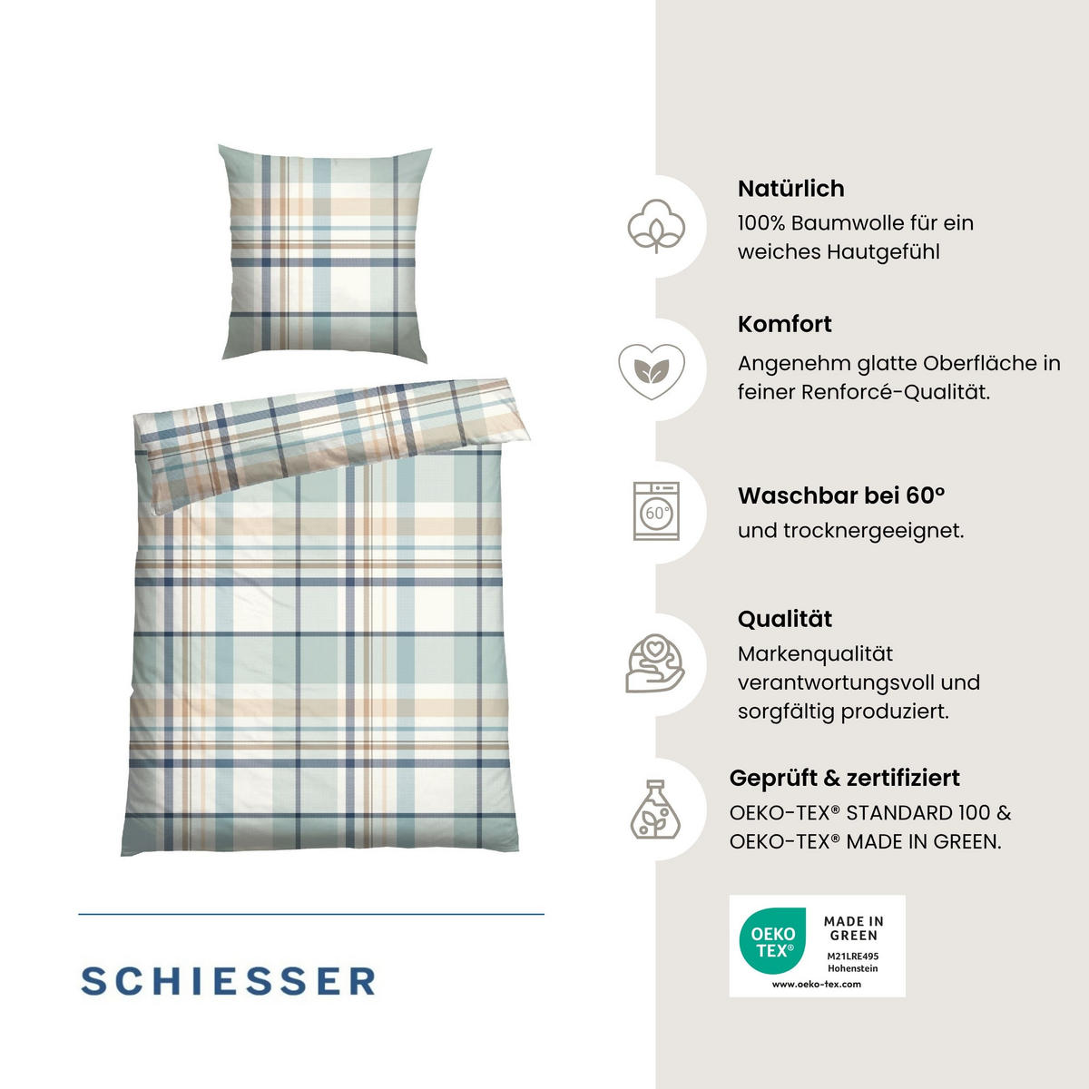 BETTWÄSCHESET Ezra - Renforcé - 2-teilig - 135x200 cm - Hellpetrol - Hellblau, Textil (135/200cm) - SCHIESSER