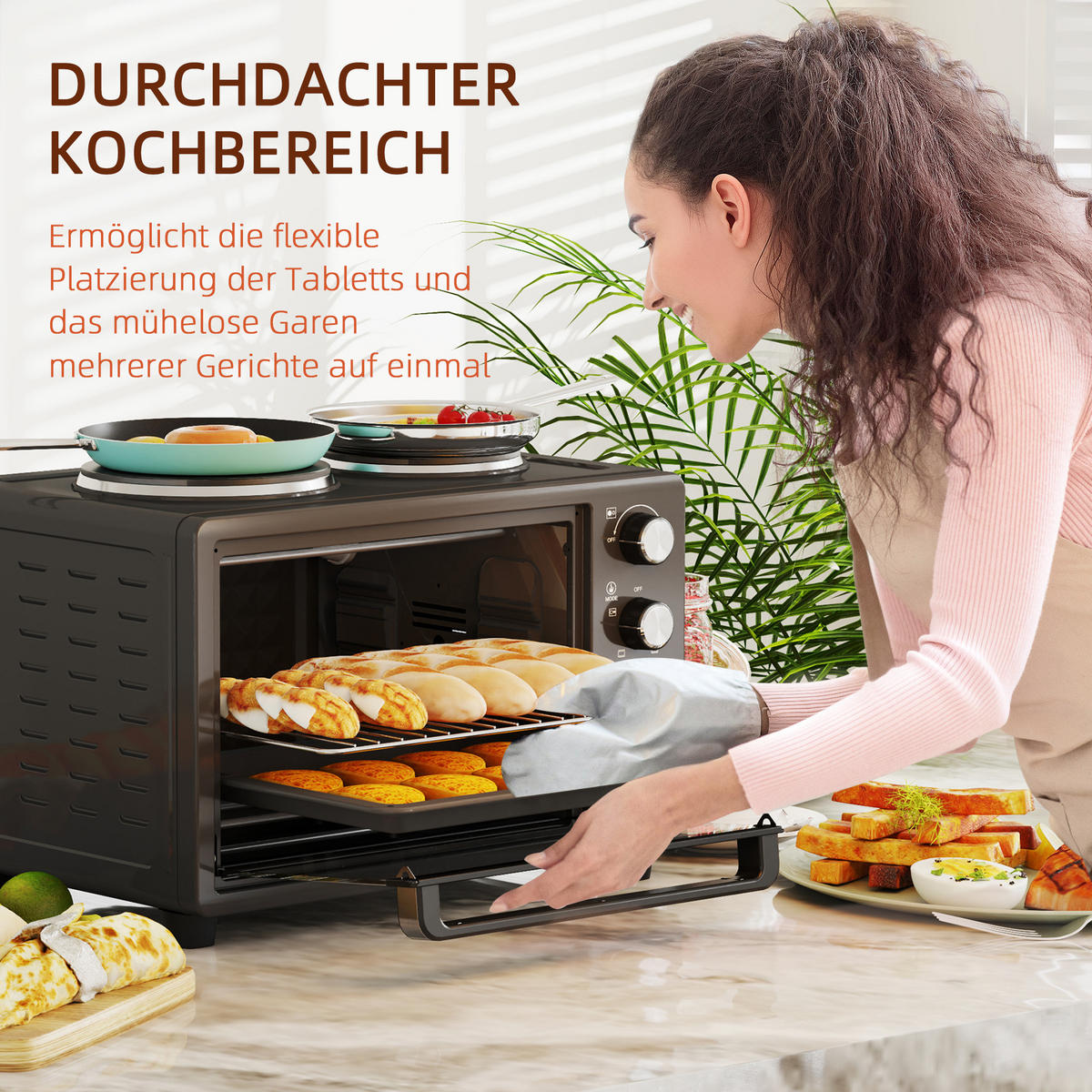 MINIBACKOFEN 28L 2600W mit 2 Kochplatten, Pizzaofen mit Backblech & Grillrost, 100-230°C, 60 Min. Timer, Schwarz - Schwarz, Metall (48.6/33/36.3cm) - Beaface