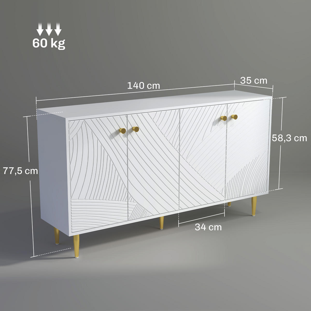SIDEBOARD DE-11145 Mit verstellbaren Böden & Goldakzenten Weiß - Weiß, Holzwerkstoff (140/77.5/35cm) - ComfortXL