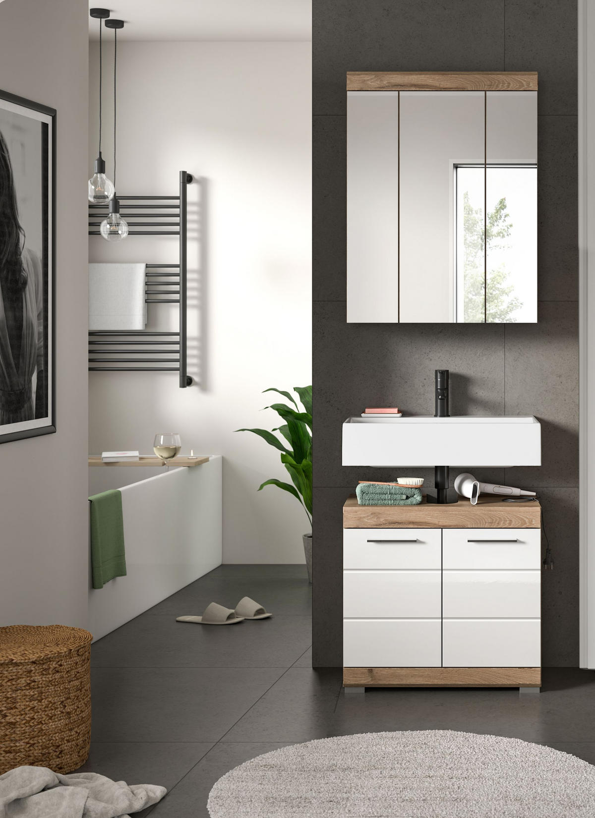 BADKOMBINATION 2tlg. Wave Bad in Nox Oak Nachbildung und weiß hochglanz B/H/T: 60x191x34 cm - Eichefarben, Holz (60/191/34cm)