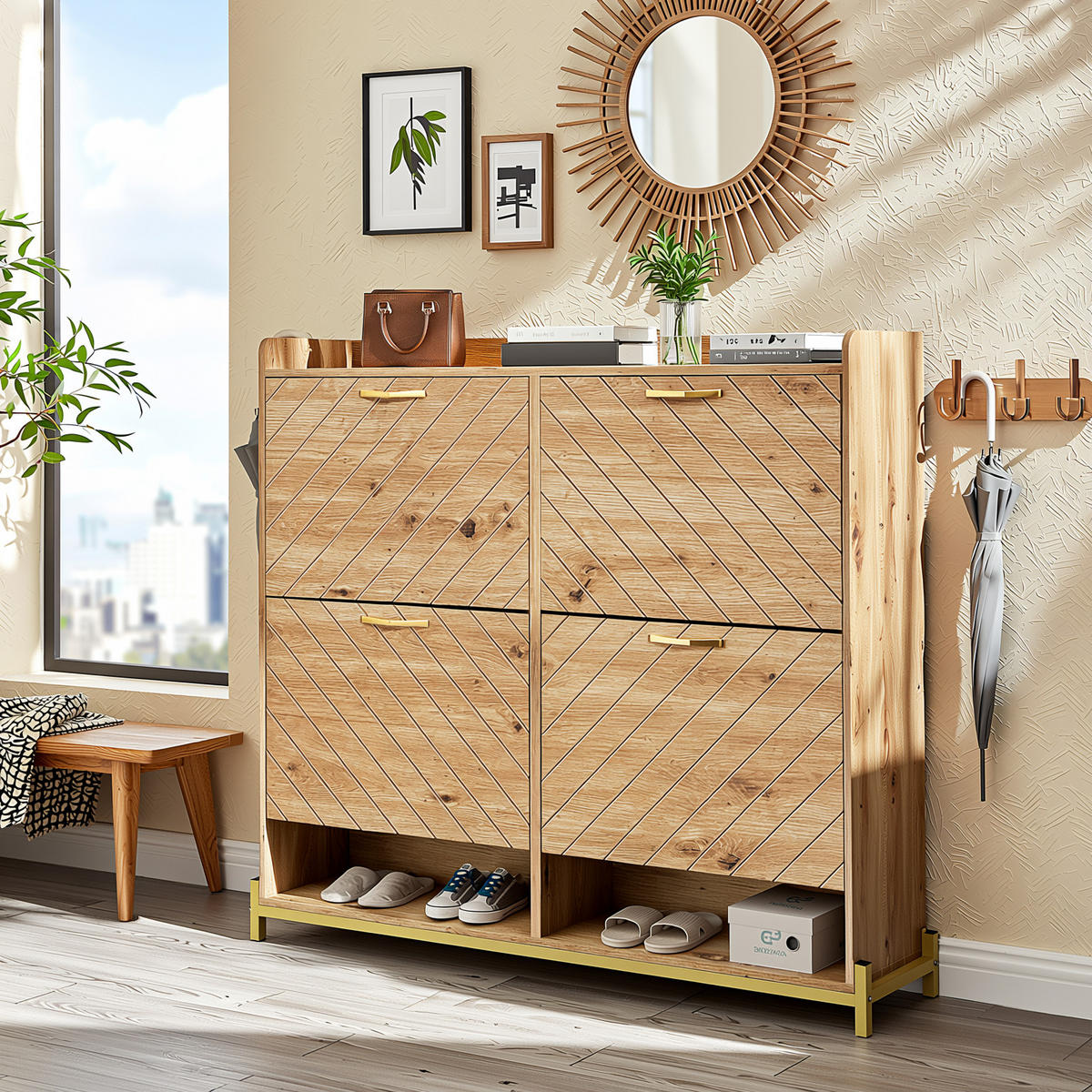 SCHUHREGAL 108 cm Holzoptik mit 4 Klappfächern & Metallfüßen für Flur - Eichefarben, Holzwerkstoff (108.5/100/24cm) - Urban Meuble