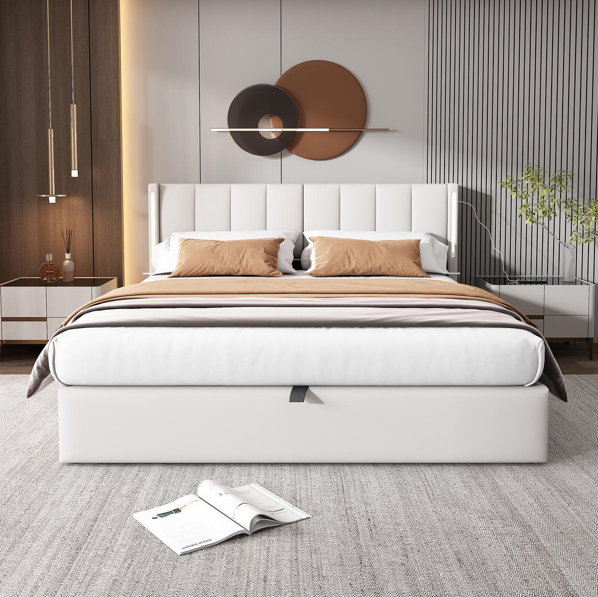 POLSTERBETT 180/200 cm mit LED-Beleuchtung, USB-Anschluss, Bettkasten und verstellbarem Kopfteil, Weiß - Weiß, Kunststoff (180/200cm) - Redom