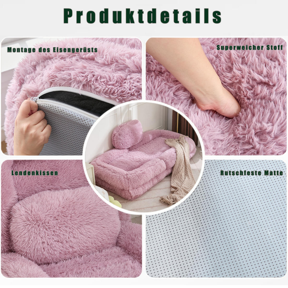 SITZSACK Plüsch Pink mit Verstellfunktion und mit Kissen - Rosa, Holzwerkstoff/Textil (89/42/175cm) - WISHDOR