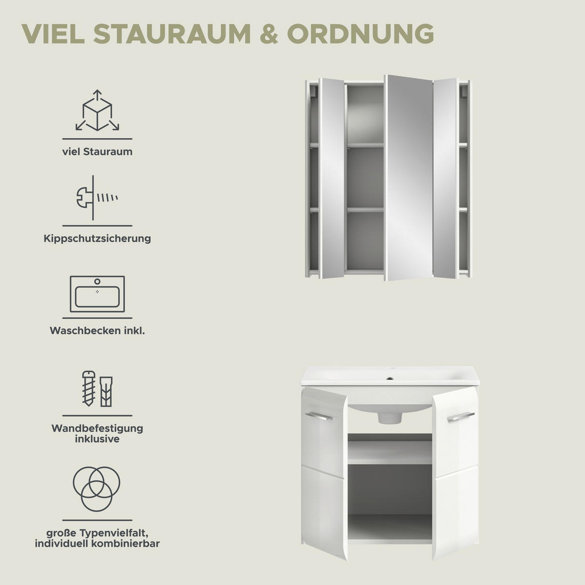 BADKOMBINATION Ice 60x185x46 cm weiß Hochglanz MDF 2tlg. - Weiß, Holz (60/185/46cm)