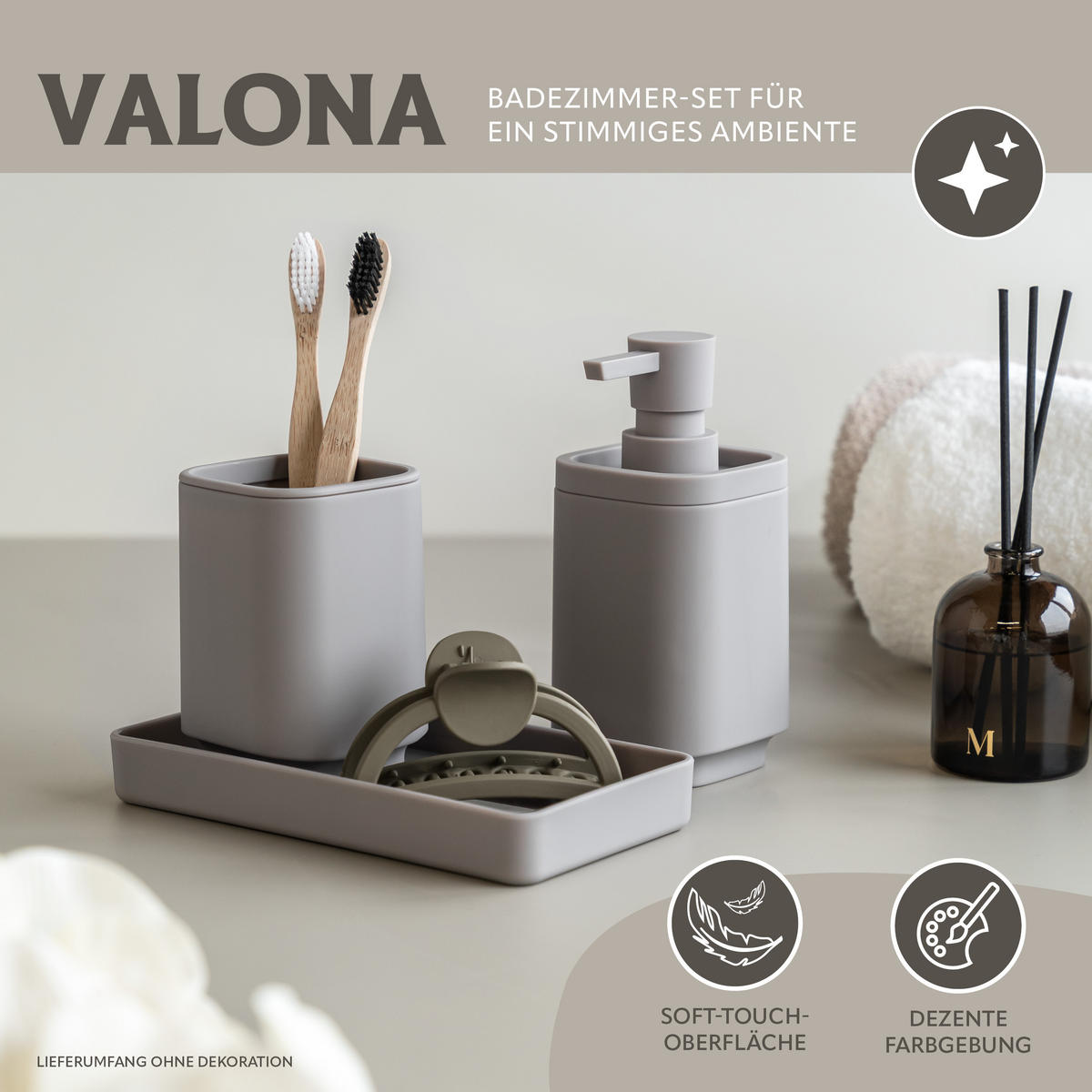 BAD-ACCESSOIRES-SET VALONA, Soft-Touch, taupe - Taupe, Kunststoff (18/2.5/9.5cm) - eluno