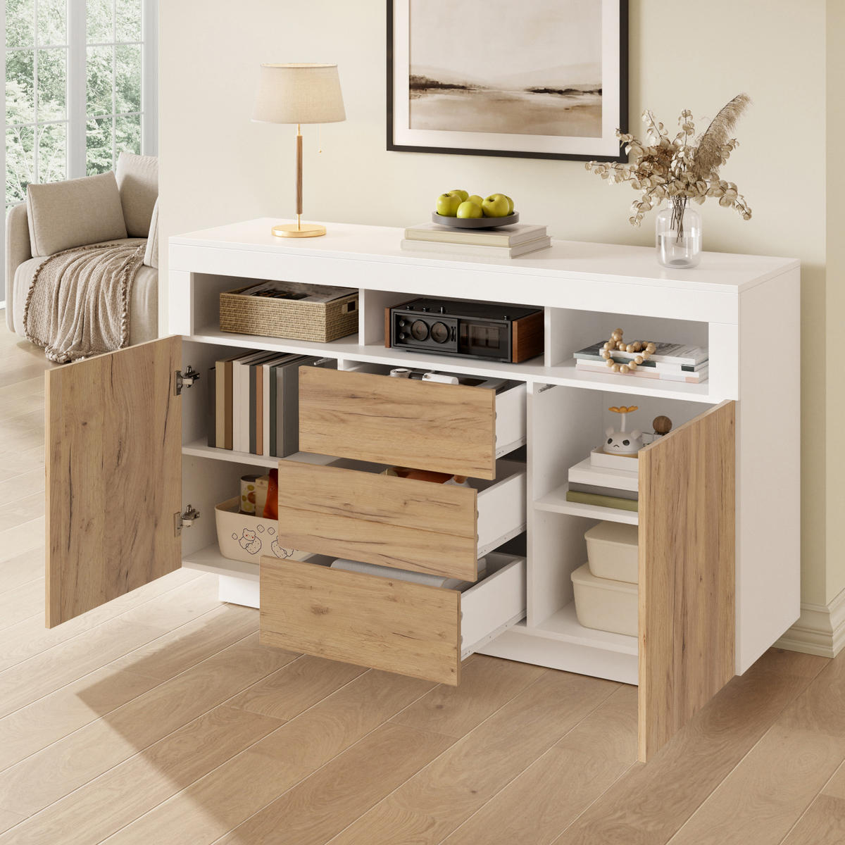 SIDEBOARD Natur Weiß 3 Schubladen 2 Türen 140x40x85cm - Multicolor, Holzwerkstoff (40/85/140cm) - FLIEKS