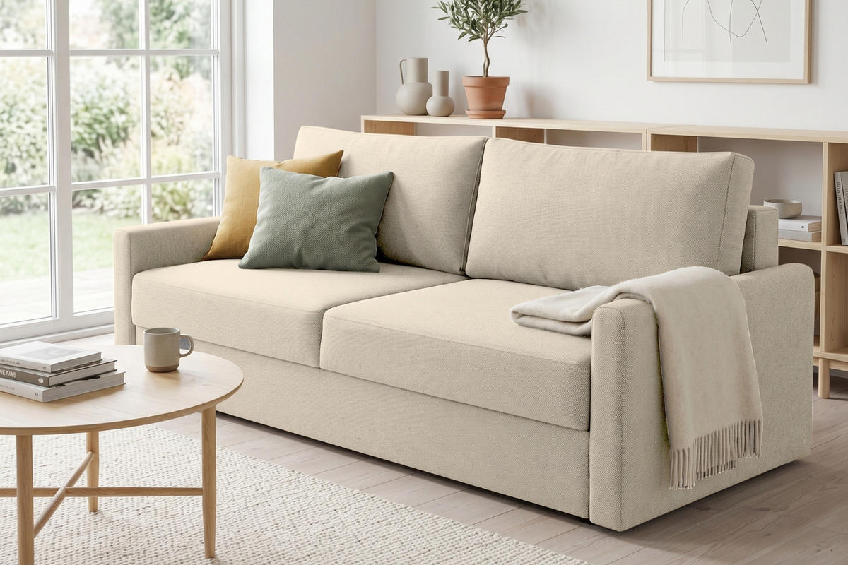 2-SITZER SOFA BIANCO 215 cm breit in Stoff Creme - Creme, Holzwerkstoff/Textil (215/90/92cm) - Deine Möbel 24
