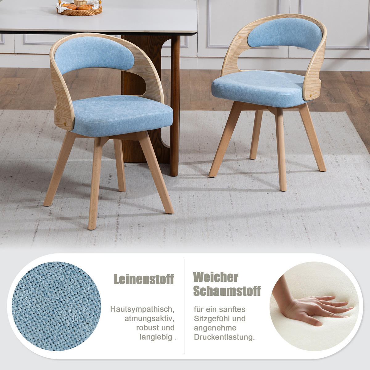 ESSZIMMERSTUHL 2er-Set drehbar mit Leinenkissen, Blau - Blau, Textil (41/72/44cm)