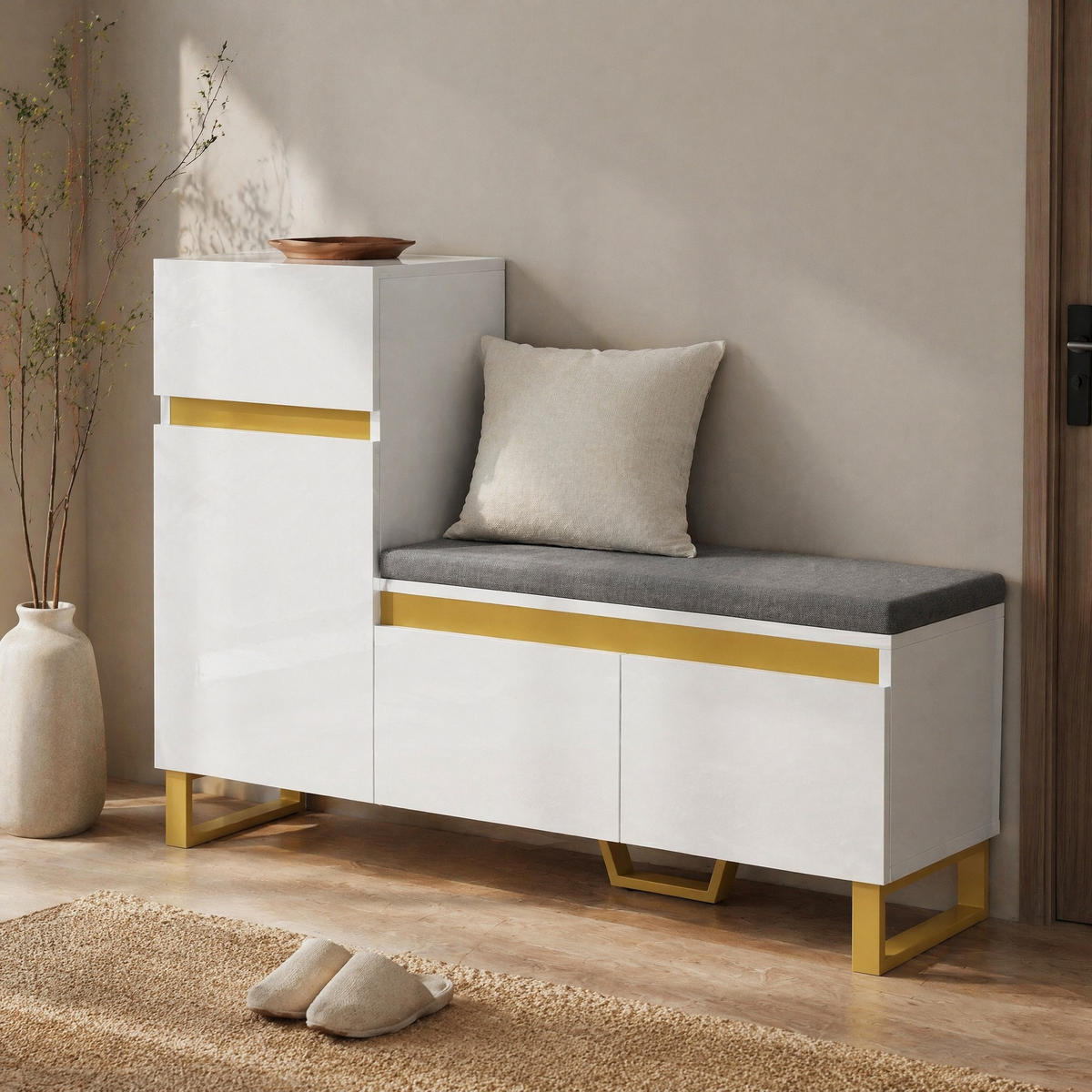 SCHUHSCHRANK in Weiß mit großem Fassungsvermögen, mehrstöckigem Stauraum und Schubladen für Flur, B120/T35/H85 cm - Goldfarben/Weiß, Holz/Holzwerkstoff (120/80/35cm) - STILVORA
