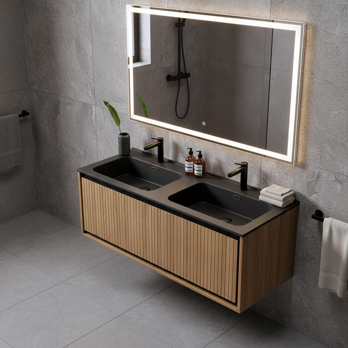 WASCHTISCHKOMBI Schwarz schwebend mit Doppelbecken - Eiche San Remo, Holzwerkstoff/Kunststoff (121/46.5/46cm) - Urban Meuble