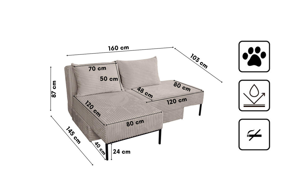 ECKSOFA Mit Schlaffunktion MOOKA 4in1-Multifunktions-System Stoff Velo Links Beige - Beige, Holz/Textil (145/160cm) - Kaiser Möbel