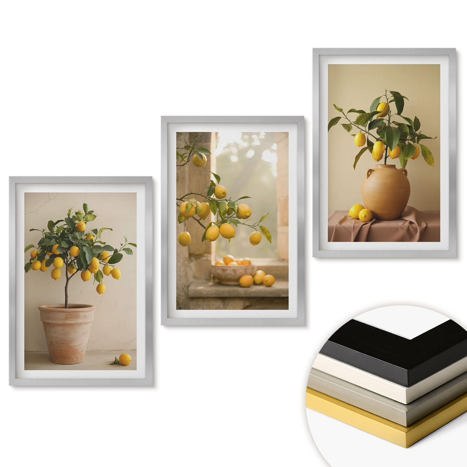 WANDBILDER 3er Set - 40x60 cm Silberner Rahmen - Zitronenbäume im Topf - Silberfarben, Kunststoff (40/60cm) - ArtPrintCave