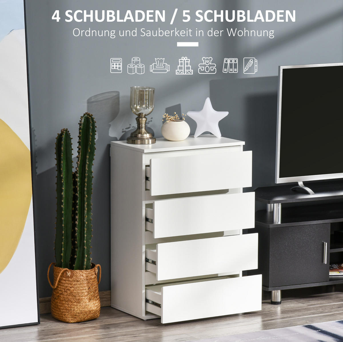 KOMMODE 55/80/33 cm Weiß aus MDF mit 4 Schubladen - Weiß, Holzwerkstoff (33/80/55cm) - OKMYHOME