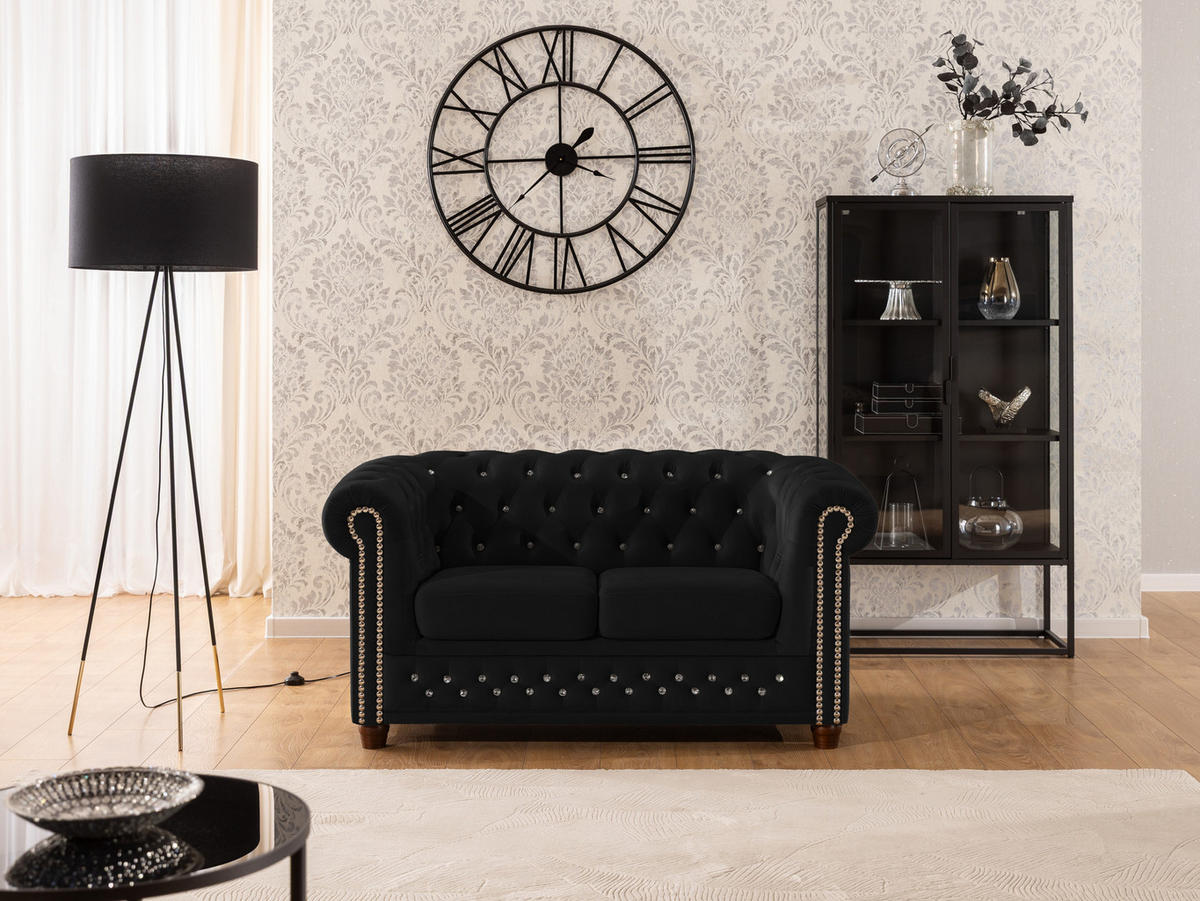 CHESTERFIELD-SOFA 2-sitzer Cleo Blink Schwarz Samt mit Kristallsteppung und braunen Massivholzfüßen - Schwarz/Braun, Holz/Textil (148/72/86cm) - S-Style Möbel