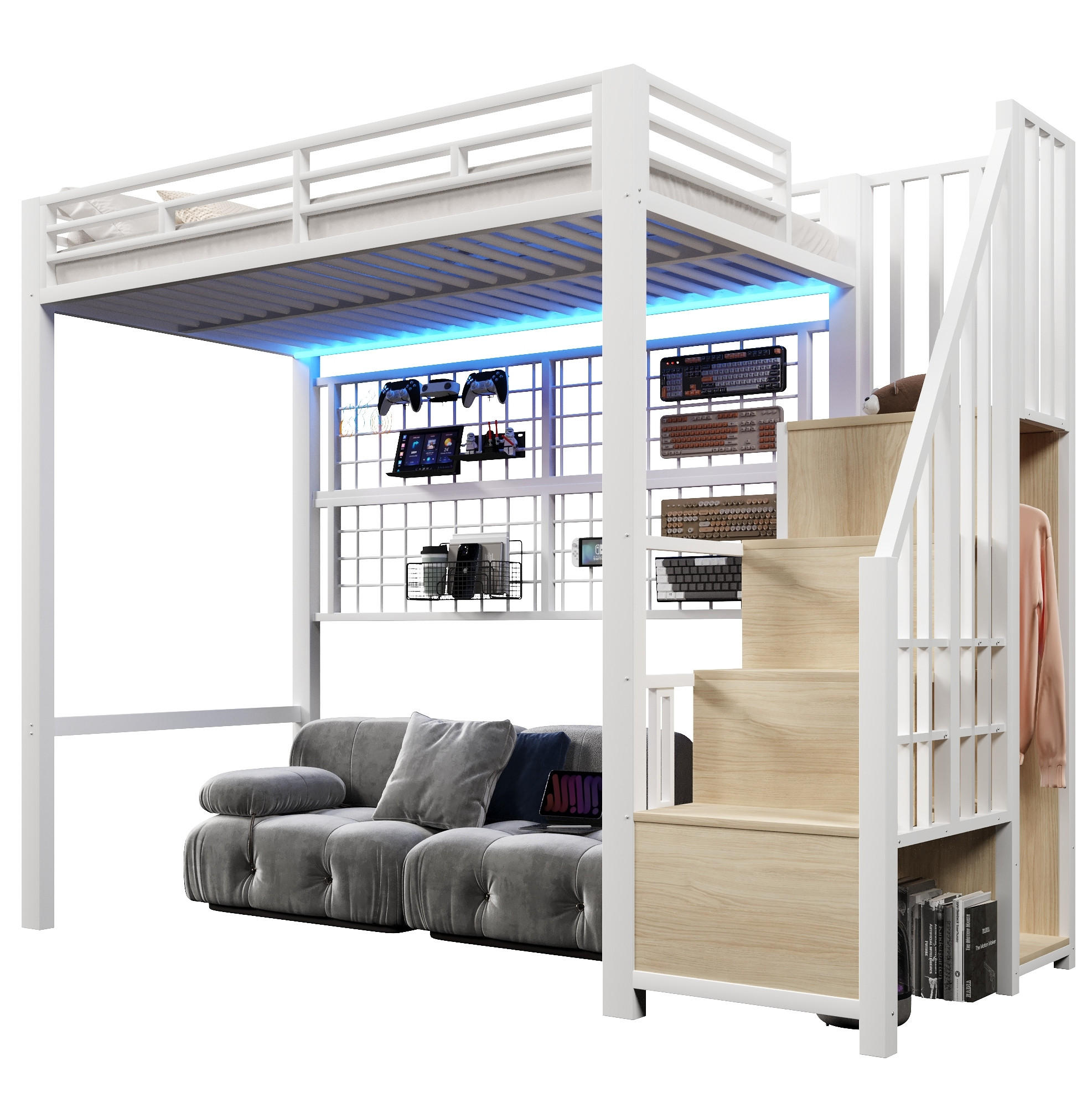 HOCHBETT 90/200 cm in Weiß mit Kleiderschrankleiter und LED-Beleuchtung - Weiß, Metall (90/200cm) - Flora Grace