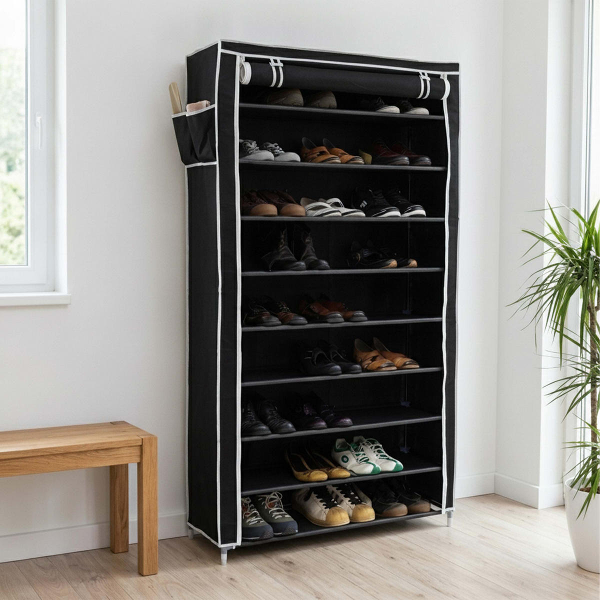 SCHUHSCHRANK Schwarz VALENTIN hoch 9 Ablagen - Schwarz, Kunststoff/Textil (88/161/30cm) - Relaxdays