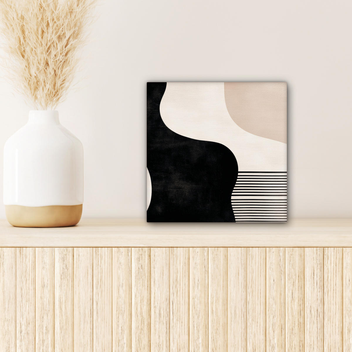 LEINWANDBILD Abstrakt - Japandi - Beige - Modern Deko Wohnzimmer 20x20 cm - Schwarz, Textil (20/20cm) - MuchoWow