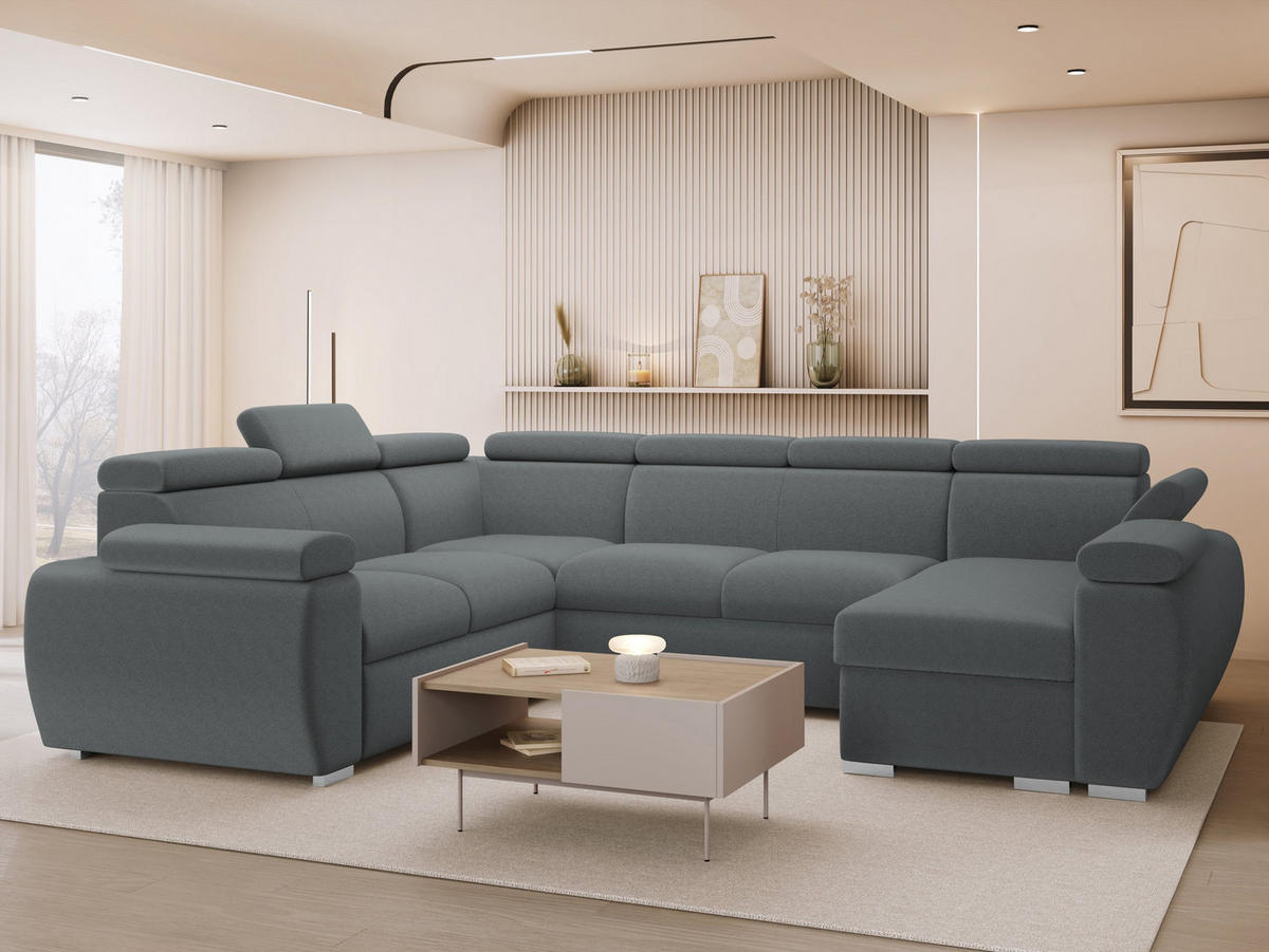 WOHNLANDSCHAFT Boston U, Seite: Rechts - 2R+R+2P+LC - Chromfarben/Grau, Holz/Textil (325/98/260cm) - MIRJAN24