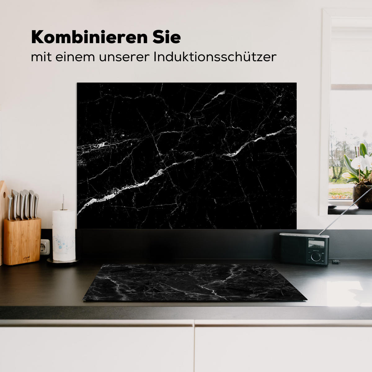 SPRITZSCHUTZ KÜCHE Marmoroptik - Schwarz - Luxus 90x60 cm - Grau, Metall (90/0.3/60cm) - MuchoWow