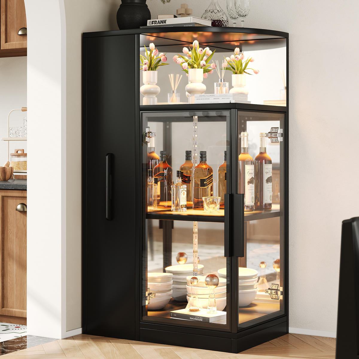 VITRINE LED ESG Glas Ausziehbar 112cm Sammlervitrine Schwarz - Schwarz, Glas (64/112/42cm) - FLIEKS