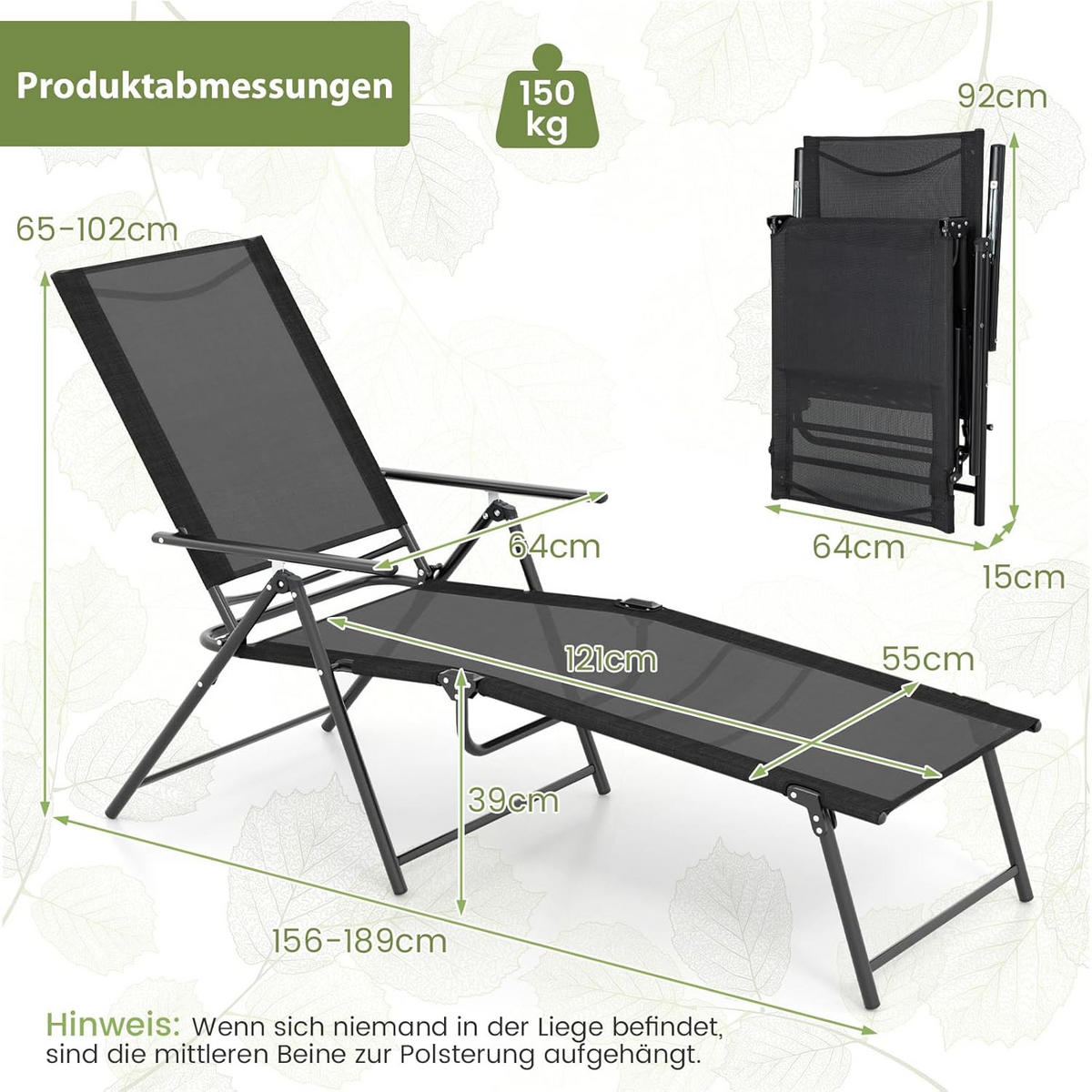 SOLSÄNG Svart (2-set) - Svart, Metall (189/65/64cm) - COSTWAY