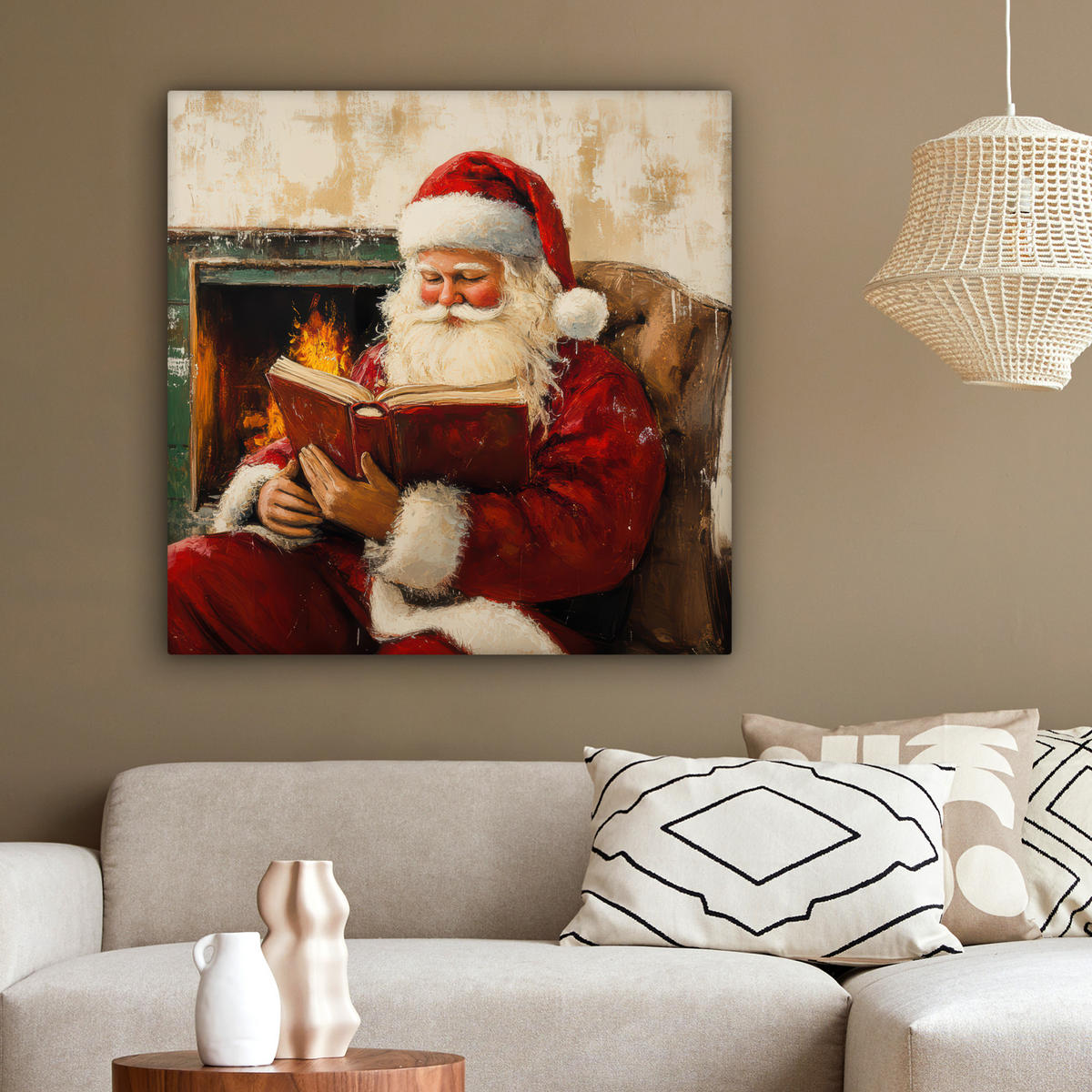 LEINWANDBILD Weihnachten - Weihnachtsmann - Winter - Open Fireside 90x90 cm - Dunkelrot, Textil (90/90cm) - MuchoWow