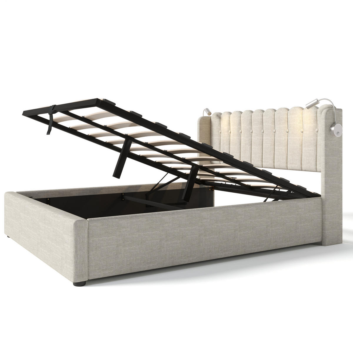 POLSTERBETT aus Leinen 160x200 cm Beige mit Bettkasten, Leselicht, USB-Anschluss und Matratze - Beige, Textil (160/200cm) - IVMEU