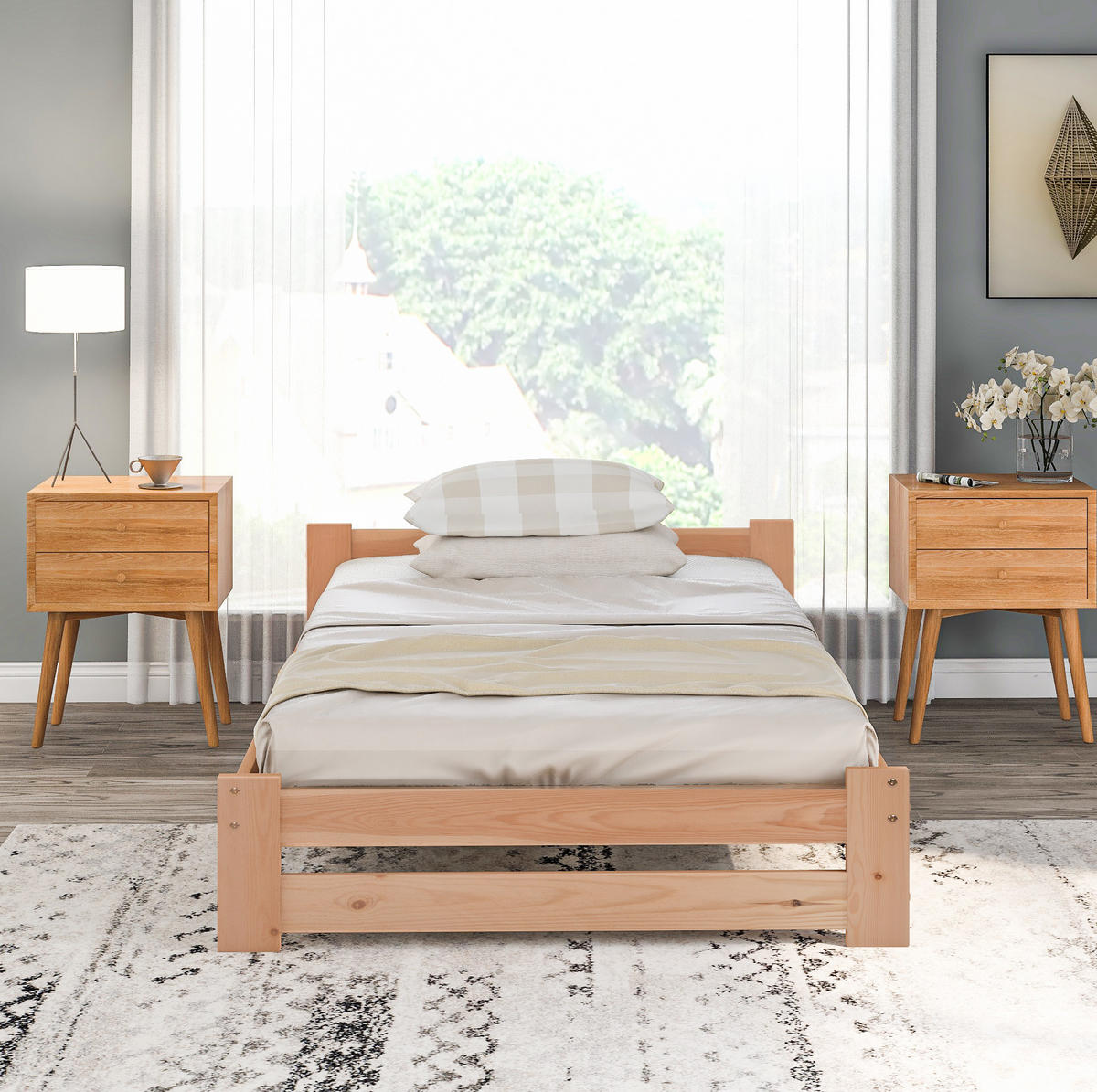 HOLZBETT 90/200 cm aus Kiefer massiv in Natur – mit Kopfteil und inkl. Lattenrost - Naturfarben, Holz (90/200cm) - BEAOK