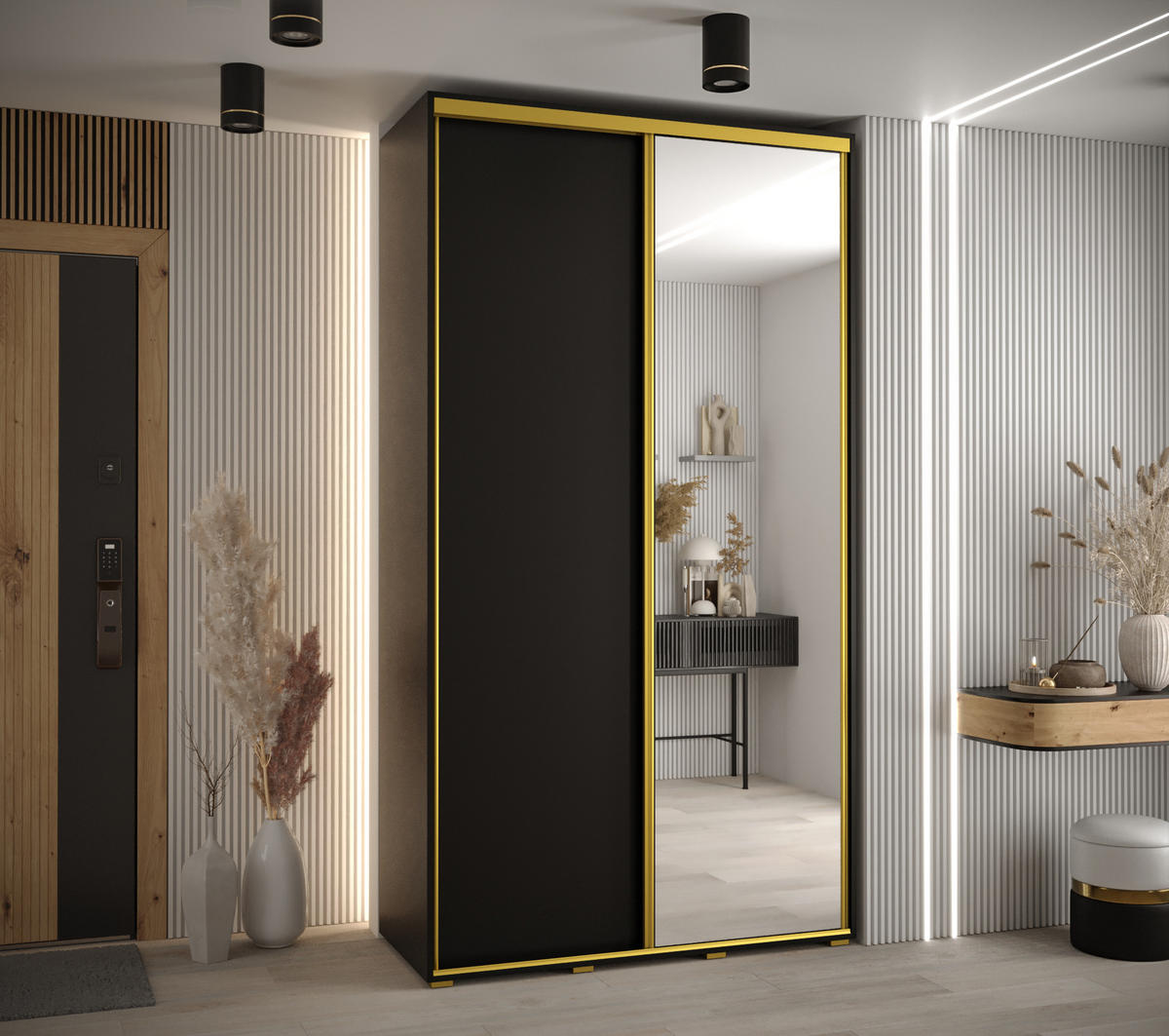 SCHWEBETÜRENSCHRANK 235,2/140/60 2-türig - Goldfarben/Schwarz, Holz/Metall (140/235/60cm) - Abiks Möbel