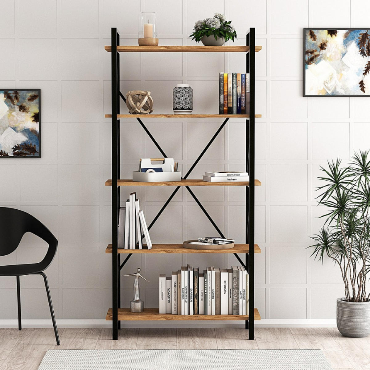 BÜCHERREGAL Fani in Holzoptik im zeitgenössischen Stil - Braun, Metall (180/34/90cm) - Concept Usine