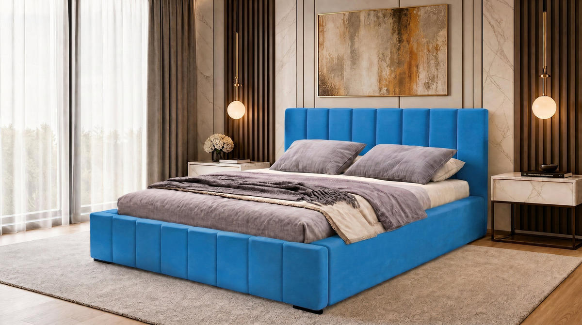 MARPUR Polsterbett NERO 180x200 cm mit Bettkasten und Lattenrost, Blau - Chromfarben/Blau, Holz/Holzwerkstoff (180/200cm) - Marpur