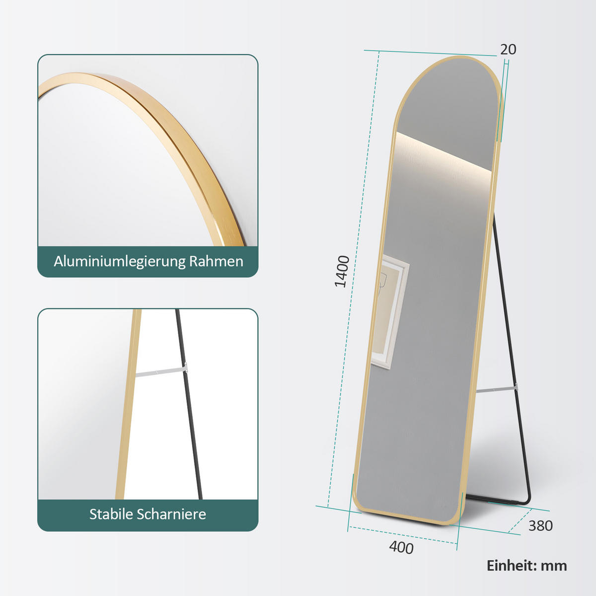STANDSPIEGEL mit Rahmen Gehärteter Silberspiegel Gold 140/40 cm - Goldfarben, Glas/Metall (40/140/140cm) - EMKE