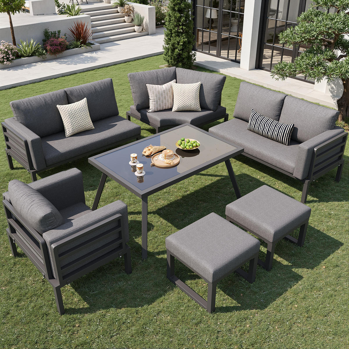 GARTENSETS aus Eisen 114x60x77cm Grau mit Sicherheitsglas-Coffeetable - Grau, Metall - Modfu