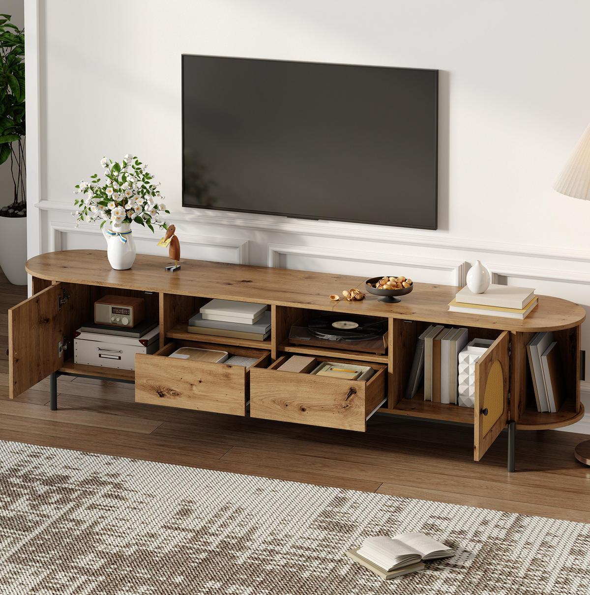 TV-SCHRANK oval 200 x 40 cm MDF in Holzoptik mit Rattan und Schiebetüren - Hellbraun, Holzwerkstoff (40/49.5/200cm) - Beauniv
