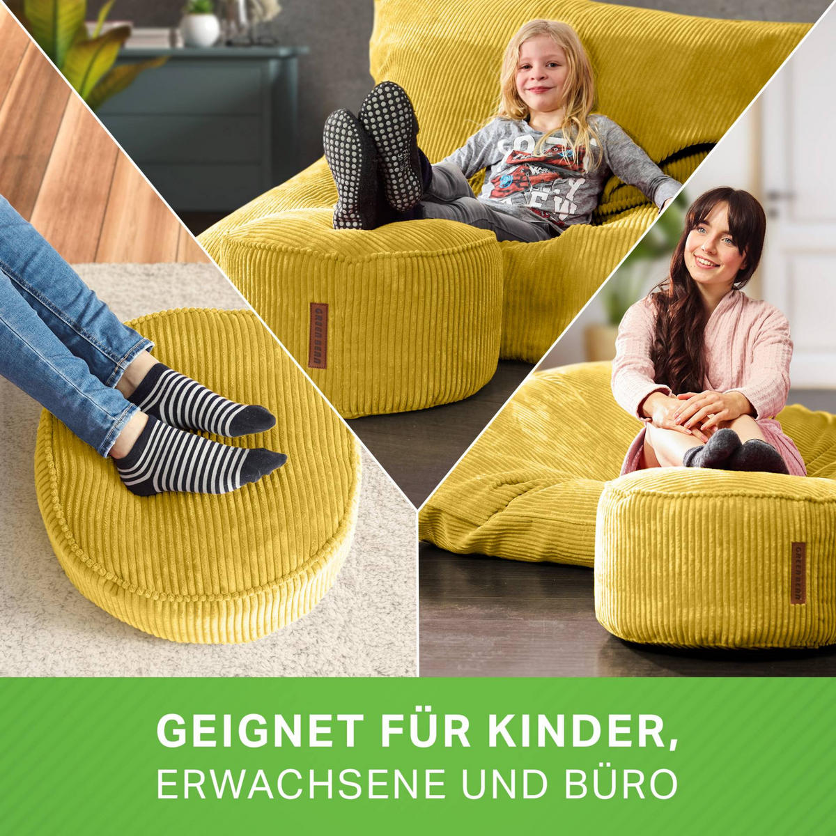 SITZSACK-HOCKER Pouf "Cord" 45x25cm - Gelb, Textil (45/25/45cm) - Green Bean