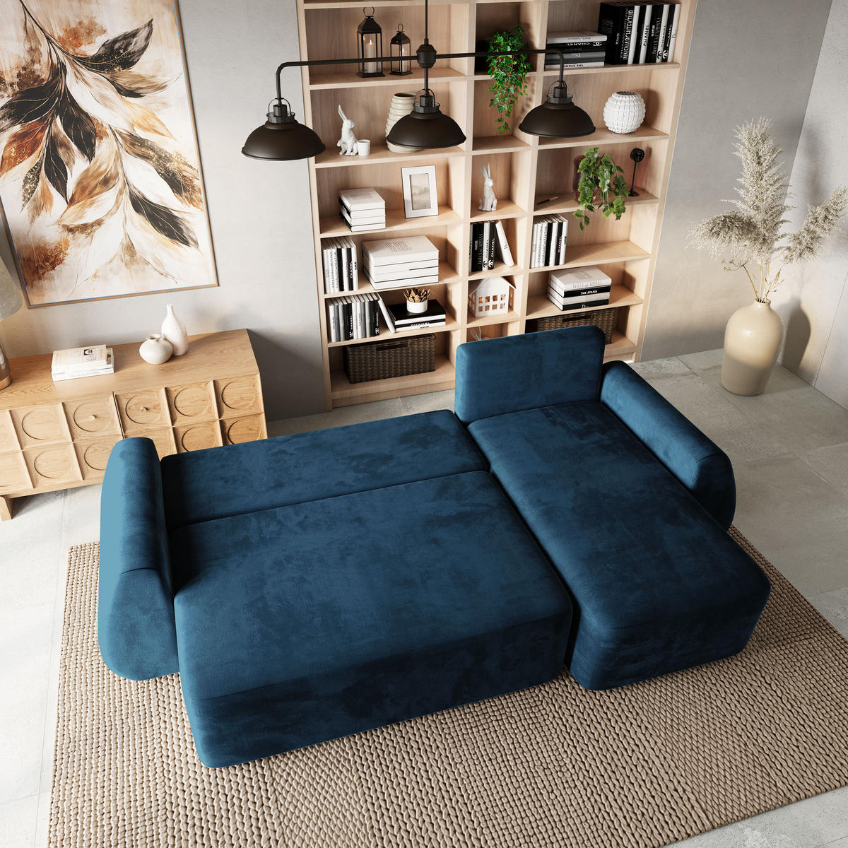 ECKSOFA GALVIS Blau Velours-Stoff mit Schlaffunktion - Blau, Holz (256/156cm) - MASSENO