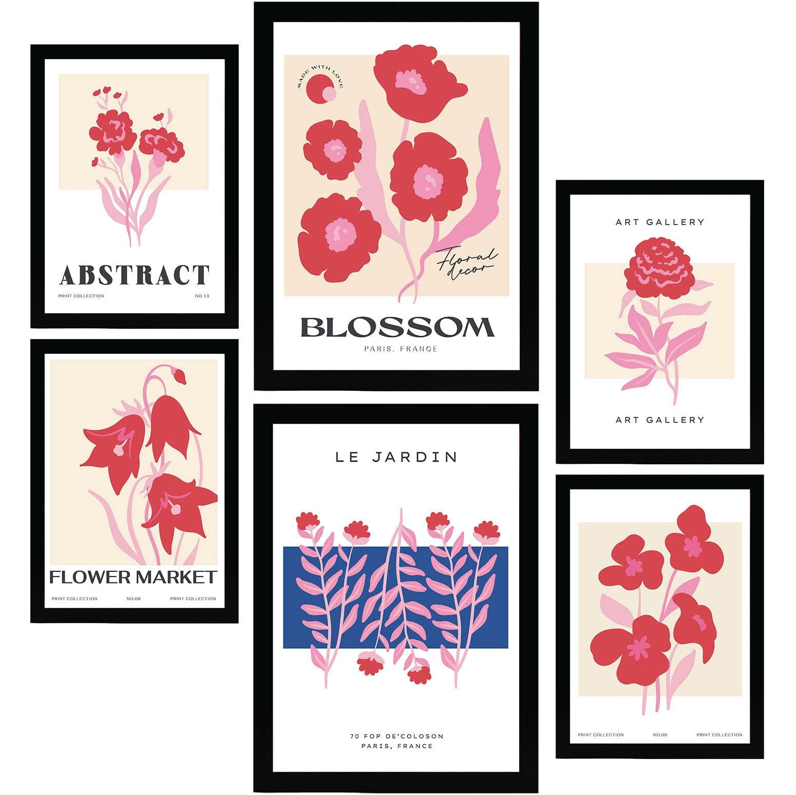 POSTER Set Mit 6 Blumen Blühen Natur Und Botanikdrucke Für Innenarchitektur A3 & A4 Schwarzer Rahmen - Schwarz, Papier (29/3cm) - Nacnic