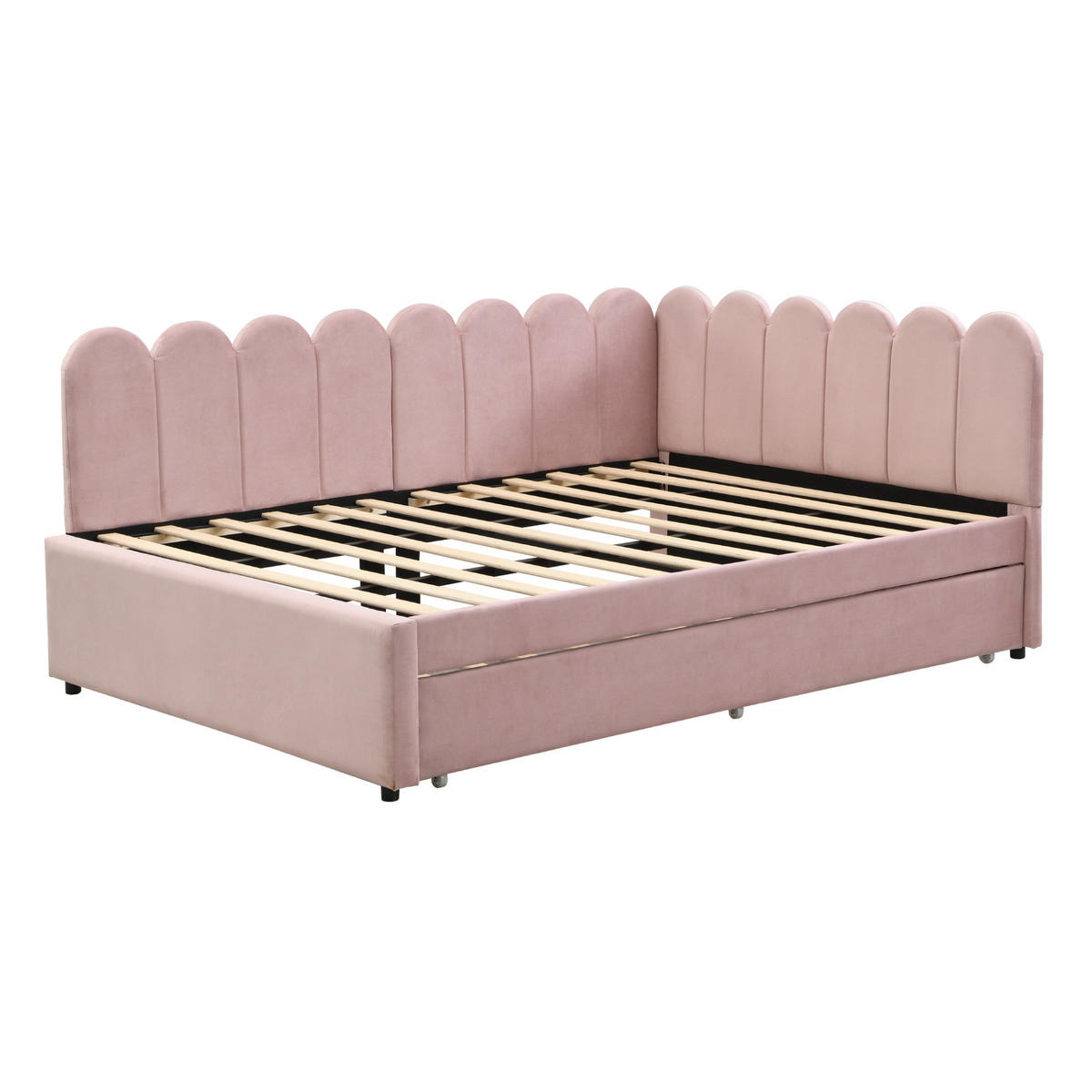 BETT aus Samtstoff 140x200 cm Rosa mit Ausziehbett, L-Form und blütenblattförmiger Rückenlehne - Rosa, Leder (140/200cm) - Modfu