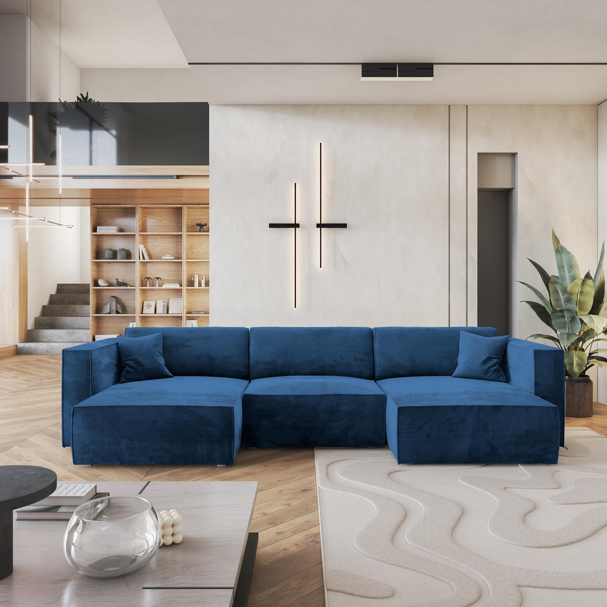 ROHOVÁ SEDAČKA SARMO modrá - šedá/modrá, dřevo/textil (347/148cm) - MASSENO