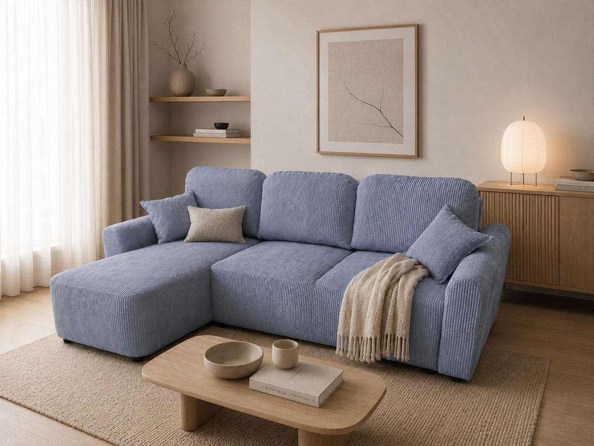 ECKSOFA HENRY in Stahlgrau mit Schlaffunktion und Bettkasten - Hellgrau, Textil (232/150cm) - KS Home Concept